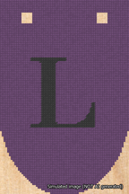 A simulated image of the stitched needlepoint design: Banner 18m Rounded L Black on Purple. Not A.I. generated.
