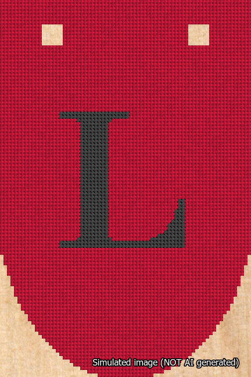 A simulated image of the stitched needlepoint design: Banner 18m Rounded L Black on Red. Not A.I. generated.