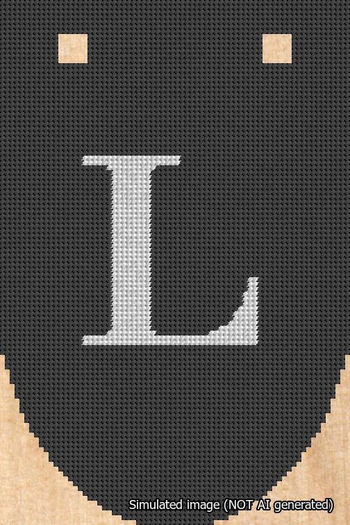 A simulated image of the stitched needlepoint design: Banner 18m Rounded L White on Black. Not A.I. generated.