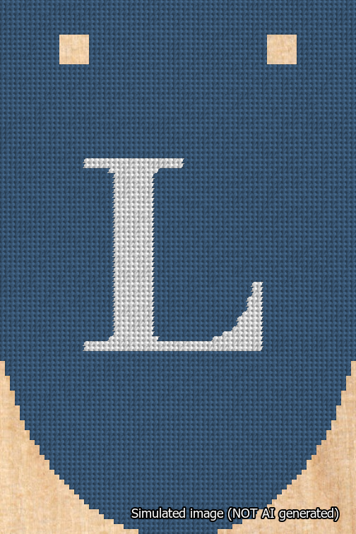 A simulated image of the stitched needlepoint design: Banner 18m Rounded L White on Blue. Not A.I. generated.
