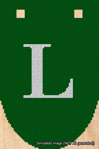 A simulated image of the stitched needlepoint design: Banner 18m Rounded L White on Green. Not A.I. generated.