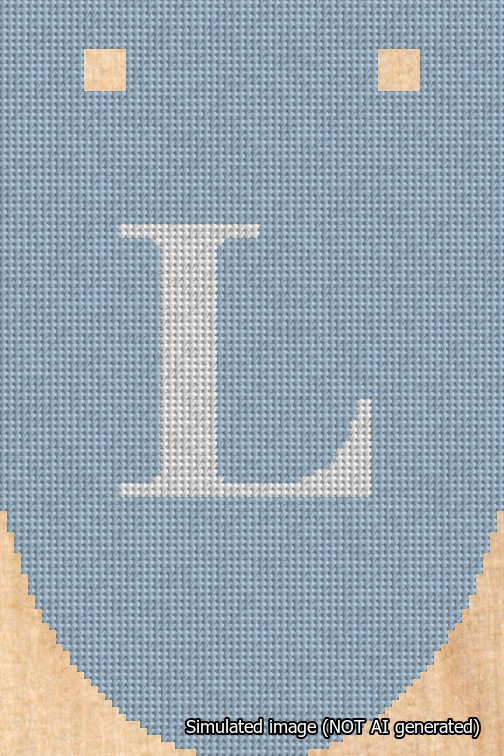 A simulated image of the stitched needlepoint design: Banner 18m Rounded L White on Light Blue. Not A.I. generated.