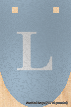 A simulated image of the stitched needlepoint design: Banner 18m Rounded L White on Light Blue. Not A.I. generated.