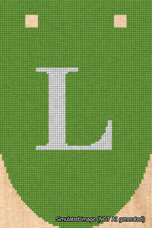 A simulated image of the stitched needlepoint design: Banner 18m Rounded L White on Light Green. Not A.I. generated.