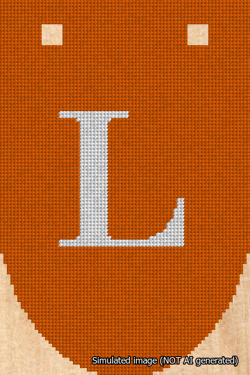 A simulated image of the stitched needlepoint design: Banner 18m Rounded L White on Orange. Not A.I. generated.