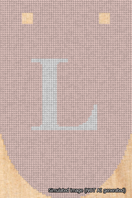 A simulated image of the stitched needlepoint design: Banner 18m Rounded L White on Pink. Not A.I. generated.