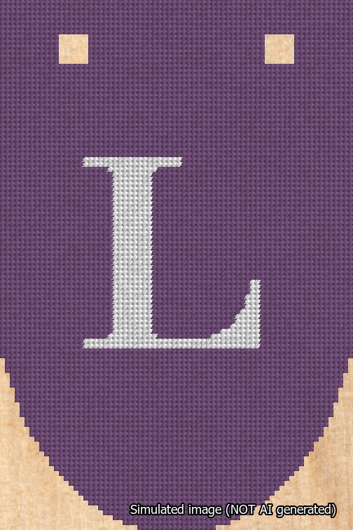 A simulated image of the stitched needlepoint design: Banner 18m Rounded L White on Purple. Not A.I. generated.