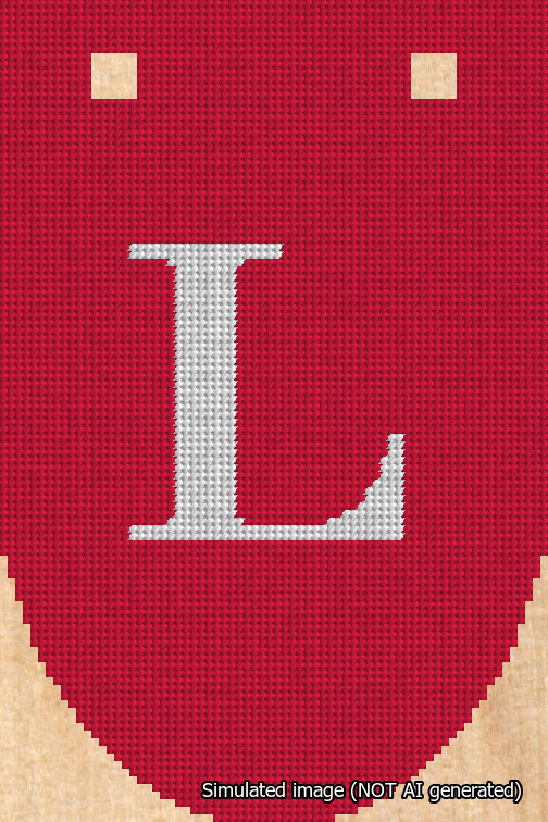 A simulated image of the stitched needlepoint design: Banner 18m Rounded L White on Red. Not A.I. generated.