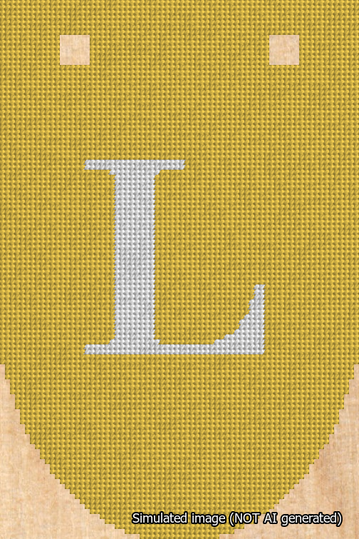 A simulated image of the stitched needlepoint design: Banner 18m Rounded L White on Yellow. Not A.I. generated.