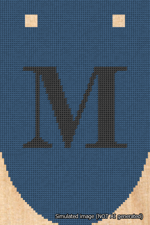 A simulated image of the stitched needlepoint design: Banner 18m Rounded M Black on Blue. Not A.I. generated.