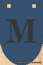 A simulated image of the stitched needlepoint design: Banner 18m Rounded M Black on Blue. Not A.I. generated.