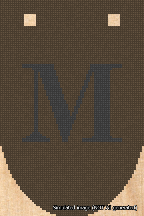 A simulated image of the stitched needlepoint design: Banner 18m Rounded M Black on Brown. Not A.I. generated.