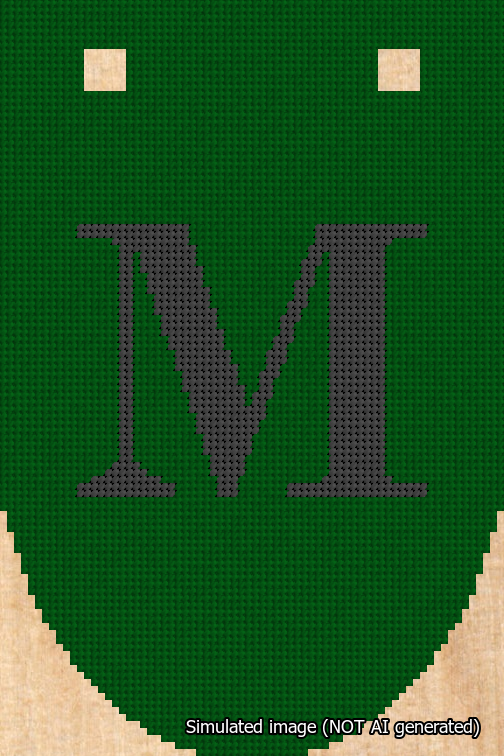 A simulated image of the stitched needlepoint design: Banner 18m Rounded M Black on Green. Not A.I. generated.