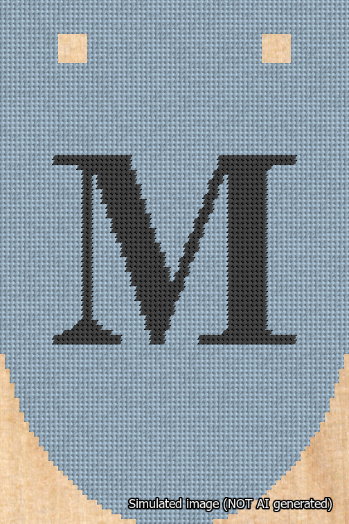A simulated image of the stitched needlepoint design: Banner 18m Rounded M Black on Light Blue. Not A.I. generated.