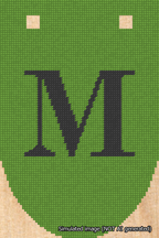 A simulated image of the stitched needlepoint design: Banner 18m Rounded M Black on Light Green. Not A.I. generated.
