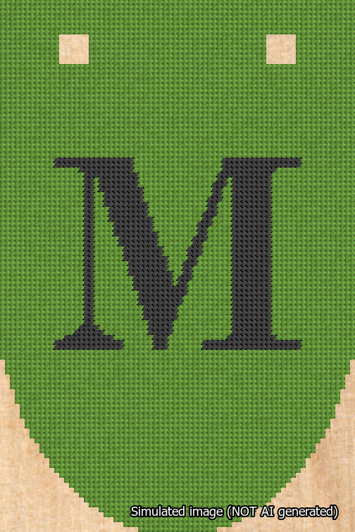 A simulated image of the stitched needlepoint design: Banner 18m Rounded M Black on Light Green. Not A.I. generated.