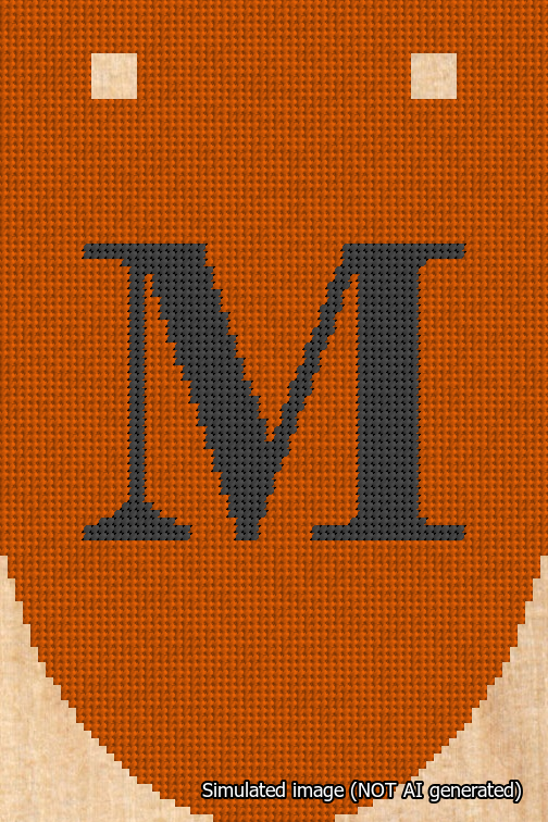 A simulated image of the stitched needlepoint design: Banner 18m Rounded M Black on Orange. Not A.I. generated.
