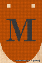 A simulated image of the stitched needlepoint design: Banner 18m Rounded M Black on Orange. Not A.I. generated.