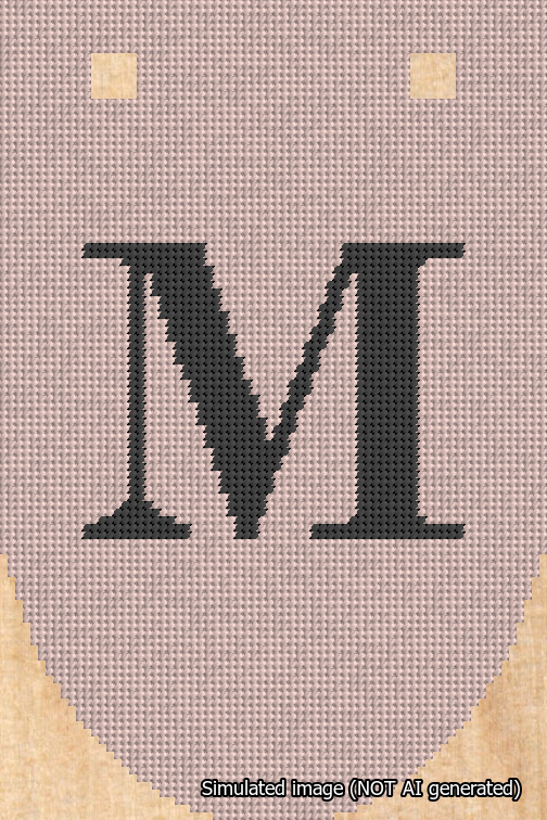 A simulated image of the stitched needlepoint design: Banner 18m Rounded M Black on Pink. Not A.I. generated.