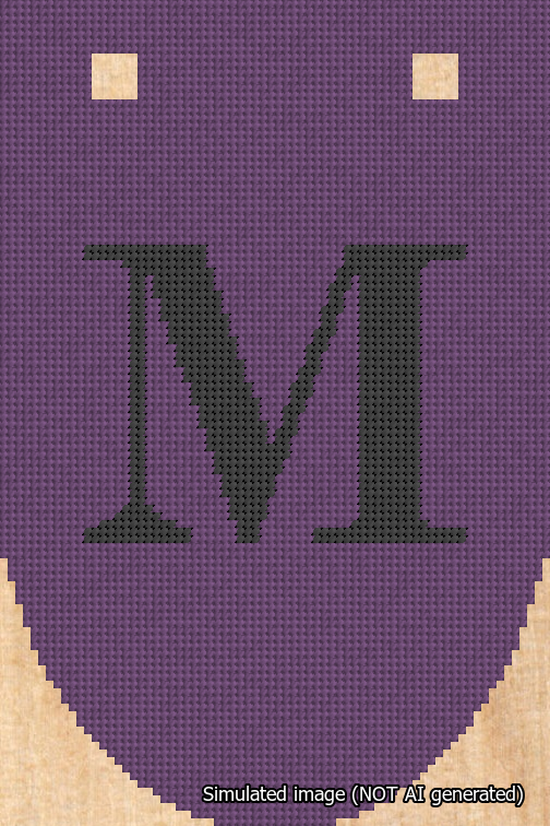 A simulated image of the stitched needlepoint design: Banner 18m Rounded M Black on Purple. Not A.I. generated.