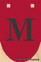A simulated image of the stitched needlepoint design: Banner 18m Rounded M Black on Red. Not A.I. generated.