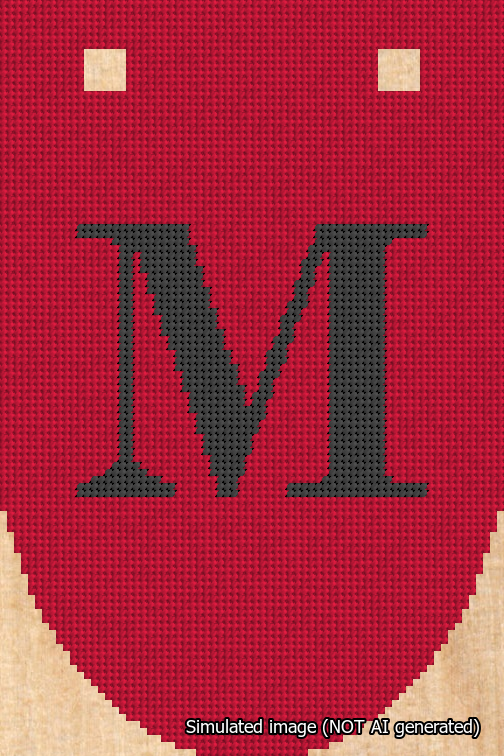 A simulated image of the stitched needlepoint design: Banner 18m Rounded M Black on Red. Not A.I. generated.