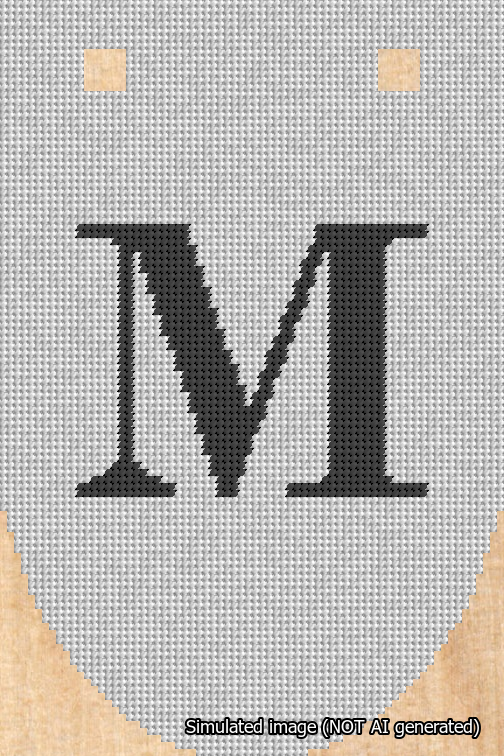 A simulated image of the stitched needlepoint design: Banner 18m Rounded M Black on White. Not A.I. generated.