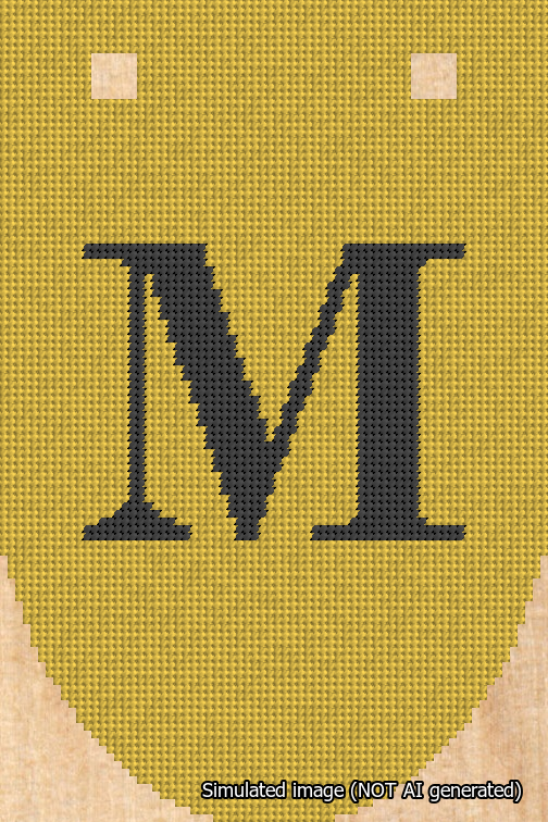 A simulated image of the stitched needlepoint design: Banner 18m Rounded M Black on Yellow. Not A.I. generated.