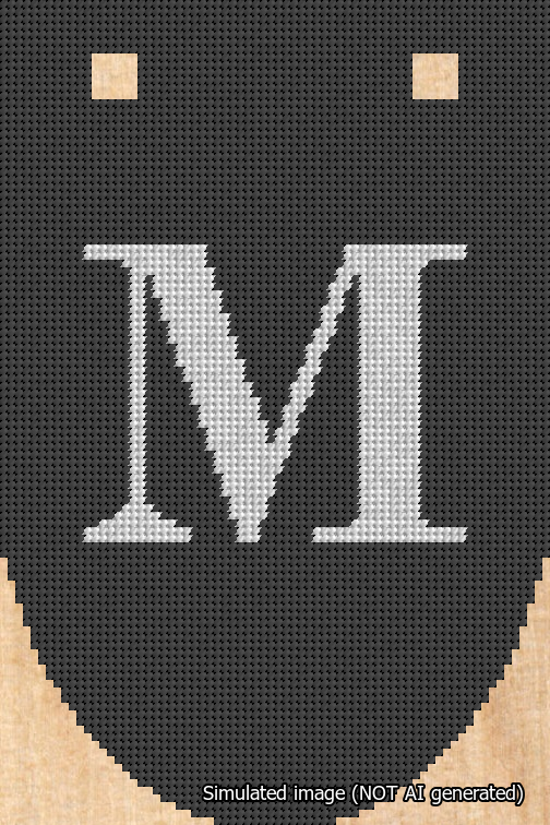 A simulated image of the stitched needlepoint design: Banner 18m Rounded M White on Black. Not A.I. generated.