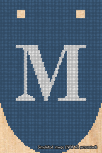 A simulated image of the stitched needlepoint design: Banner 18m Rounded M White on Blue. Not A.I. generated.