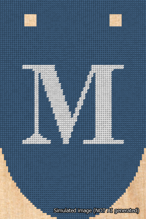 A simulated image of the stitched needlepoint design: Banner 18m Rounded M White on Blue. Not A.I. generated.