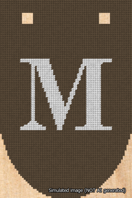A simulated image of the stitched needlepoint design: Banner 18m Rounded M White on Brown. Not A.I. generated.