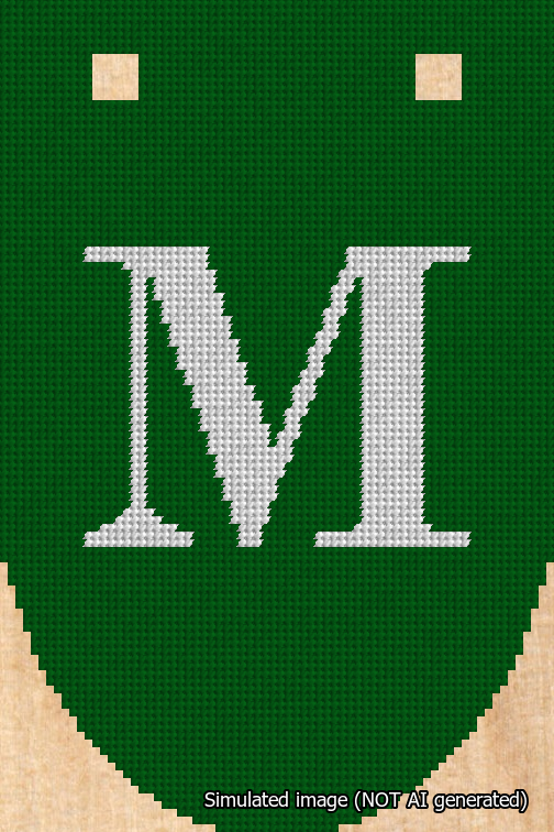 A simulated image of the stitched needlepoint design: Banner 18m Rounded M White on Green. Not A.I. generated.