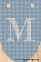 A simulated image of the stitched needlepoint design: Banner 18m Rounded M White on Light Blue. Not A.I. generated.