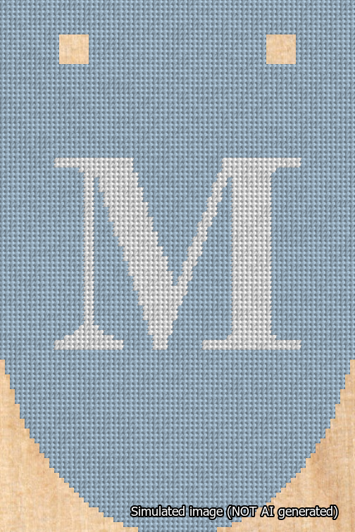 A simulated image of the stitched needlepoint design: Banner 18m Rounded M White on Light Blue. Not A.I. generated.