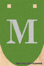 A simulated image of the stitched needlepoint design: Banner 18m Rounded M White on Light Green. Not A.I. generated.