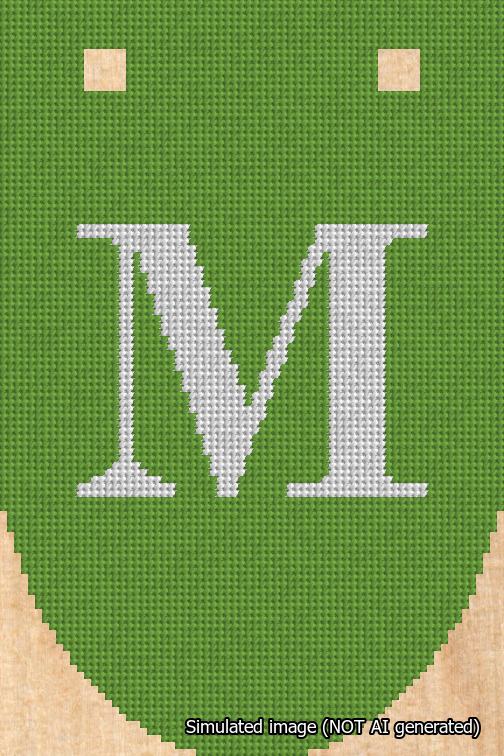 A simulated image of the stitched needlepoint design: Banner 18m Rounded M White on Light Green. Not A.I. generated.
