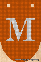 A simulated image of the stitched needlepoint design: Banner 18m Rounded M White on Orange. Not A.I. generated.