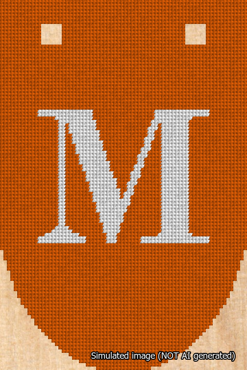 A simulated image of the stitched needlepoint design: Banner 18m Rounded M White on Orange. Not A.I. generated.