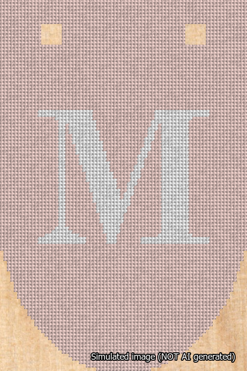 A simulated image of the stitched needlepoint design: Banner 18m Rounded M White on Pink. Not A.I. generated.