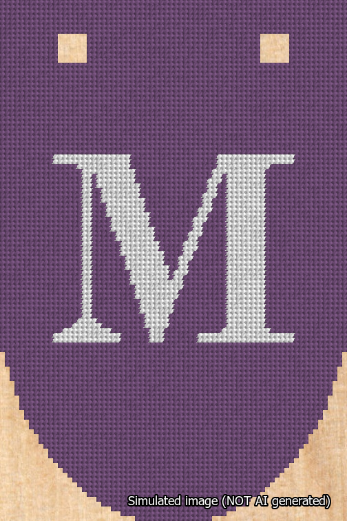 A simulated image of the stitched needlepoint design: Banner 18m Rounded M White on Purple. Not A.I. generated.