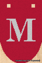 A simulated image of the stitched needlepoint design: Banner 18m Rounded M White on Red. Not A.I. generated.