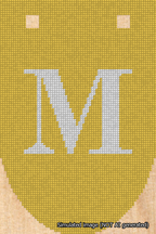 A simulated image of the stitched needlepoint design: Banner 18m Rounded M White on Yellow. Not A.I. generated.