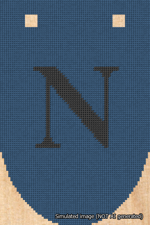 A simulated image of the stitched needlepoint design: Banner 18m Rounded N Black on Blue. Not A.I. generated.