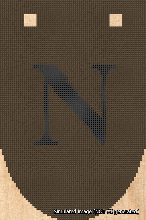 A simulated image of the stitched needlepoint design: Banner 18m Rounded N Black on Brown. Not A.I. generated.
