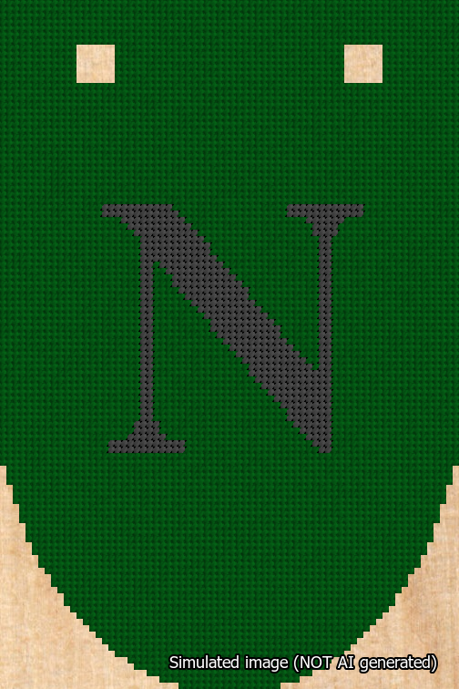A simulated image of the stitched needlepoint design: Banner 18m Rounded N Black on Green. Not A.I. generated.