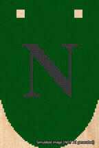 A simulated image of the stitched needlepoint design: Banner 18m Rounded N Black on Green. Not A.I. generated.