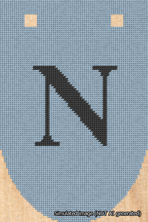 A simulated image of the stitched needlepoint design: Banner 18m Rounded N Black on Light Blue. Not A.I. generated.