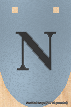 A simulated image of the stitched needlepoint design: Banner 18m Rounded N Black on Light Blue. Not A.I. generated.