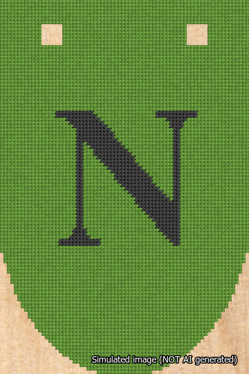A simulated image of the stitched needlepoint design: Banner 18m Rounded N Black on Light Green. Not A.I. generated.